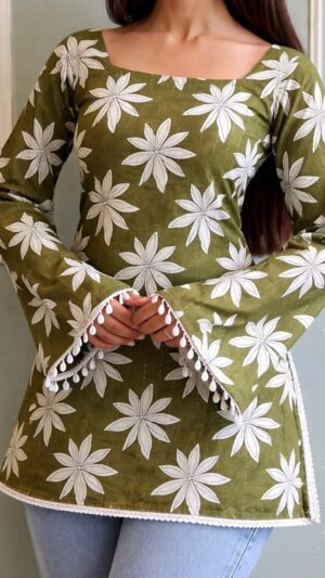 Olive Floral Bell Sleeve Top