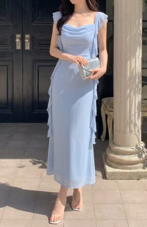 Sky Elegance Ruffle Midi Dress